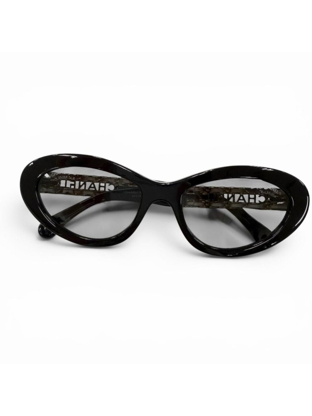 Chanel Cat Eye Side Logo Sunglasses Black Gold Demo Lens Eyewear